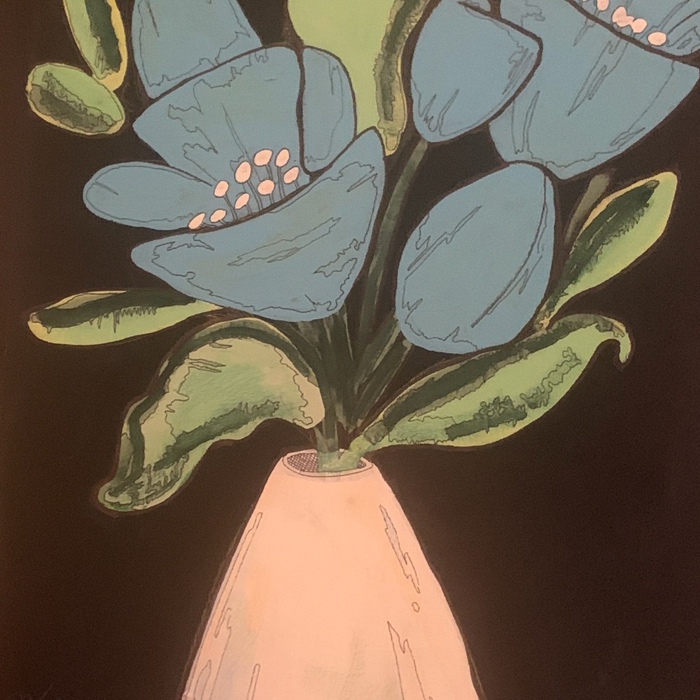 Art by me.  16x20  Floral Arrangement with Blue and Green Accents